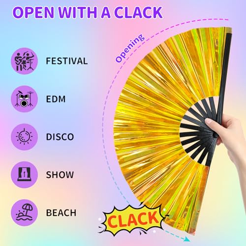 EOSAU Large Laser Rave Fan, Folding Hand Fans for Line Dancing, Gold - color: 13" Gold 01