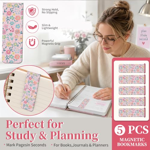 5 Pieces Magnetic Bookmarks, Cute Magnet Bookmark Clips, Colorful Page Markers for Books, Reading Supplies for Book Lovers, Women and Men Cute Pink Flower - color: Cute Pink Flower