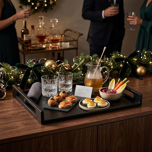 MyGift 16 Inch Matte Black Metal Large Serving Tray with Handles