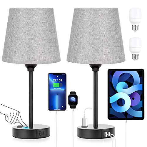 Grey Bedside Lamps Set 2 for Bedroom - Dimmable Touch, USB C+A, AC Outlet - color: Gray