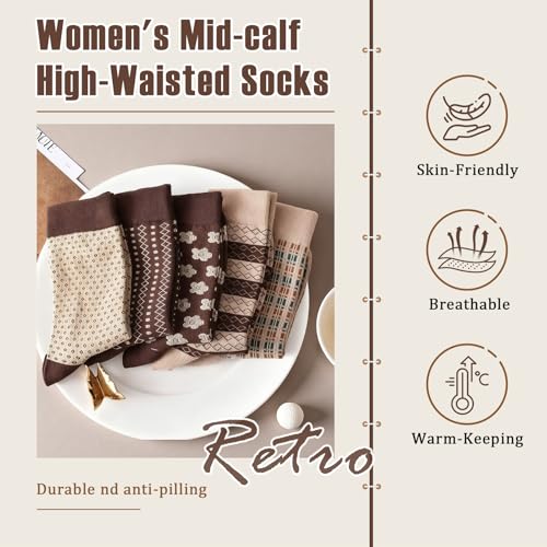 5 Pair Vintage Cotton Crew Socks for Women Pretty Aesthetic Long Preppy Ankle Socks
