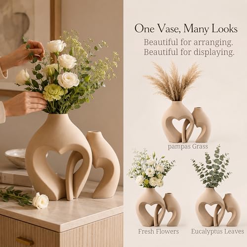 Ceramic Flower Vases Home Decor Heart Shaped Vase Set of 2 - color: Brown