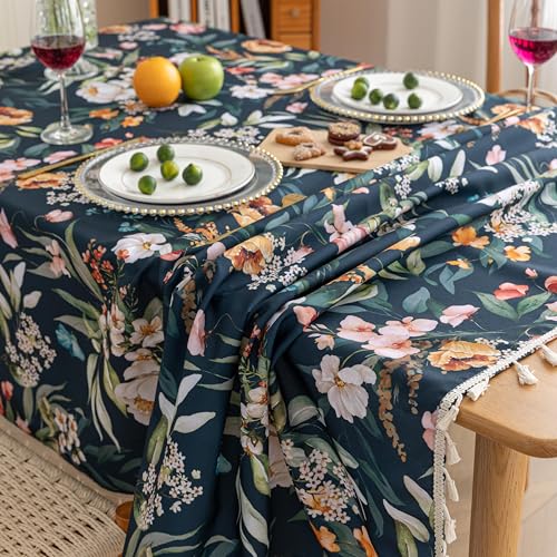Handblock Print Tablecloth for Square Tables, Navy Blue Table Cover with Fringed Edges, Decorative Tablecloth for Kitchen and Dining Room,59"x 59" - color: Navy Blue, size: 59" x 59" (Rectangular)