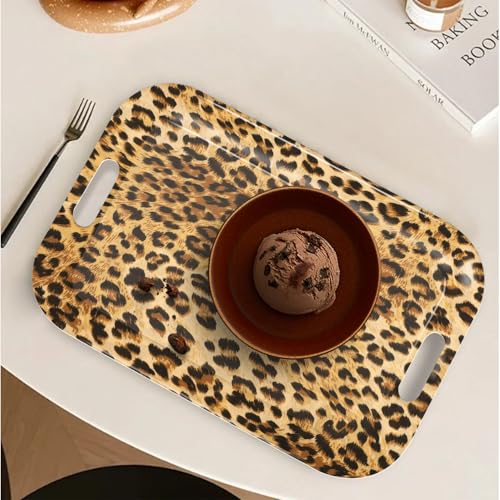 Serving Trays with Handles, 14.5 x 9.8 inch Rectangular Plastic Tray for Restaurant, Kitchen, Brown Leopard - color: Brown Leopard