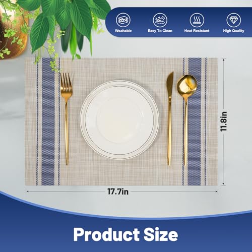 Placemats Set of 6，Non-Slip PVC Weave Table Mats Easy to Clean，Heat Resistant Place Mats for Kitchen Dining Table Decoration Indoor Outdoor，Khaki Blue - color: Khaki Blue