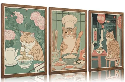 3Pcs Cute Funny Japanese Ramen Cat Canvas Wall Art Tabby Cat Eating Noodles Posters Prints paintings Vintage Japan Edo Period Wall Decor Pictures for Living Room Dining Room Kitchen Home Decoration - color: Ramen cat