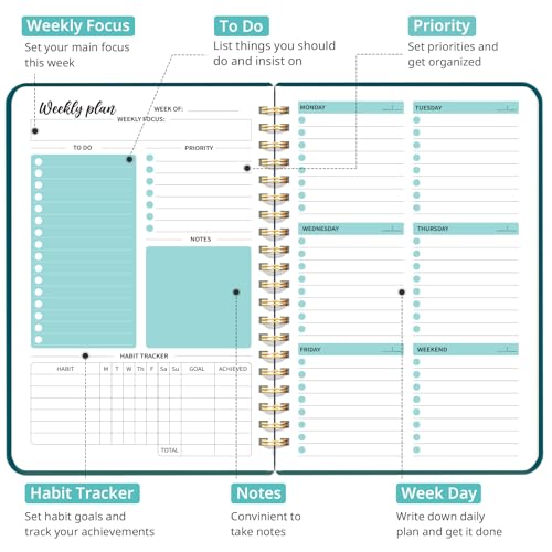 Taja Undated Weekly Planner, To Do List Notebook with Habit Tracker, A5 - color: m.Pine Emerald