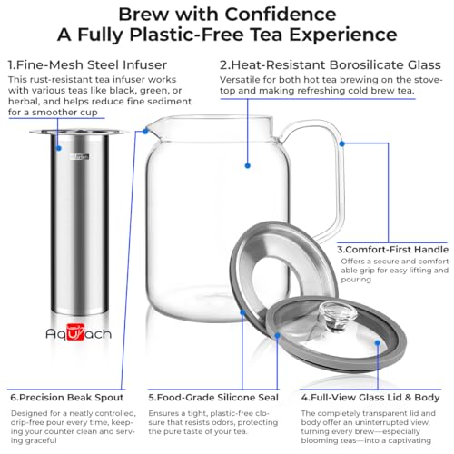 Aquach 85oz Glass Teapot Stovetop Safe with Loose Leaf Tea Steeper - size: 85oz｜2500ml