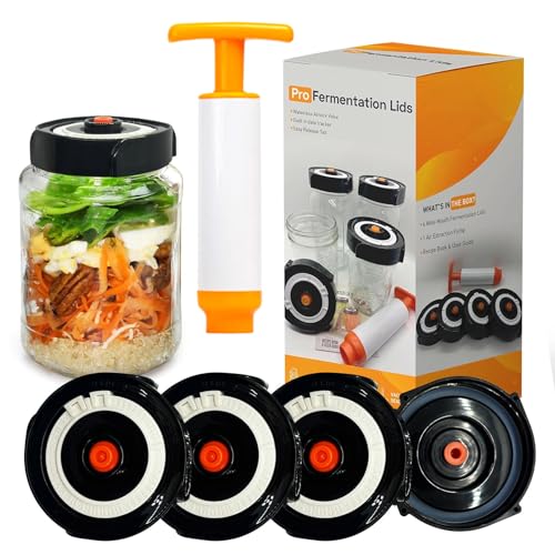 Home Fermentation Kit With 4 Wide Mouth Fermenting Lids With Airlocks, Oxygen Extraction Pump, Ideal For Sauerkraut, Kimchi, Pickles & Fermented Vegetable - color: black