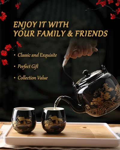 Dujust Japanese Tea Set, Black Porcelain Tea Set with 1 Teapot Set, 6 Tea Cups, 1 Tea Tray, 1 Stainless Infuser, Beautiful Asian Tea Sets for Adults, Tea Lover/Women/Men (Countryside in Golden) - color: Black