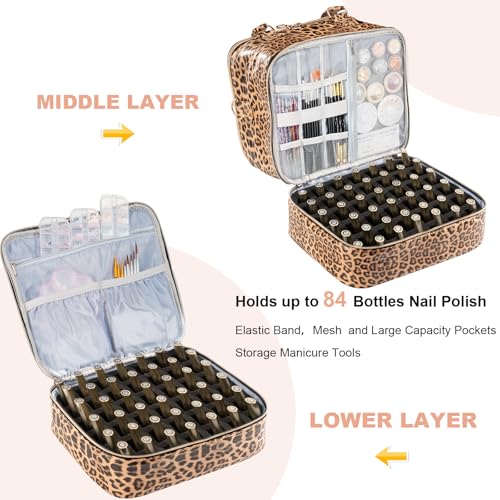 Uross Nail Polish Organizer Bag - Holds 84 Bottles & Lamp, Large Gel Storage Box for Tech Supplies Kit Case - Leopard - color: Leopard-print, size: X Large - 11 x 9.5 x 13 inch (84 bottles)