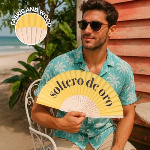 Fisura – Original folding fan with message “soltero de oro”. Yellow wooden handheld fan for men with hanger. Accessory for weddings, bachelor parties, festivals and unique gift ideas. 16.7 x 9