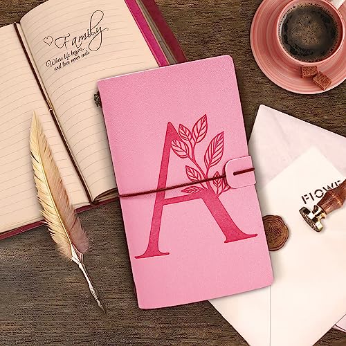 Personalized Journal Gift-Pink Initial Leather Journal+Heart Diamond Pen Set,Travel Notebook Diary Gifts,Refillable Notepads,Christmas,Birthday Gifts for Women Girls (7.9"x4.7") (A) - style: A
