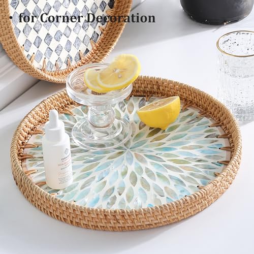 Round Rattan Tray with Mother of Pearl Inlay, Rattan Serving Tray for Coffee, Bread, Fruits, Decorative Wicker Tray for Table Decor, Home Decor, Kitchen Island Decor (Ambilight, 11.8")
