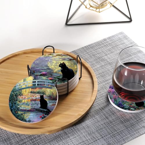 Drink Coasters for Drinks Set of 6, Water Lilies Art and Black Cat Absorbent Round Ceramic Stone Mat Coaster, with Cork Base and Metal Holder, Home Bar Decor House Warming Gift - color: Black Cat 2