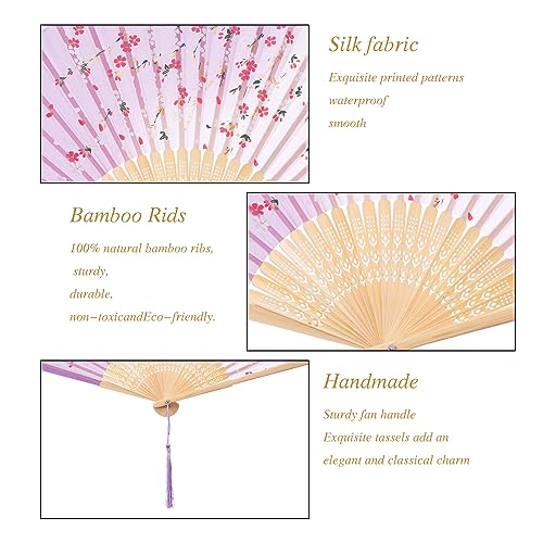 QIRMIZI 10 Pieces Handheld Fans, Silk Folding Fans, Floral Folding Fans for Birthday,Dancing, Cosplay, Weddings, Parties, and Events,Purple Cherry Blossom Rain - color: 01 Light Purple Cherry Blossom Rain