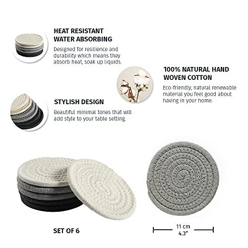 OrganiHaus Drink Coasters Set of 6, Absorbent Cotton Woven Cup Coasters, Rustic Farmhouse Boho Decor for Coffee Table and Drinks Protection, Cute Coaster for Drinks, Coaster for Office Desk - Gray - color: 3-toned Gray