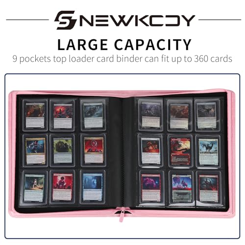 Snekdy Top loader Binder, 9 Pockets Top Loader，Holds 360 Top Loaders cards, Card binder with Sleeves for card in 3 x 4 inches color smooth Zipper PU Leather (Pink) - color: Pink