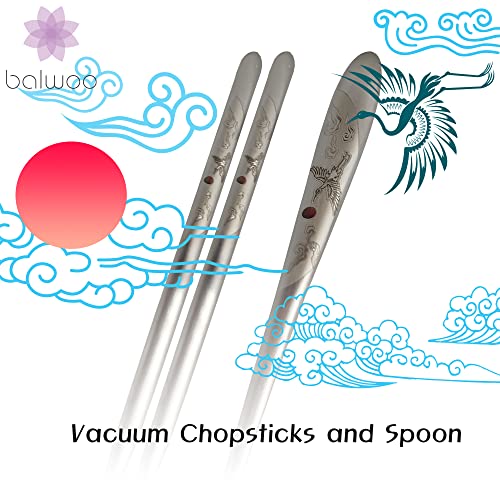 [VACUUM][2 Sets][Made in Korea] Flying Crane Design Spoon and Chopsticks Set, Vacuum Light Weight Cutlery, 304 Stainless Steel Flat Chopsticks Matt Surface Flatware (White 2 Sets)