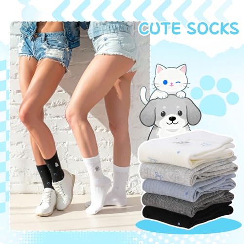 5 Pairs Women Embroidered Cotton Dachshund Socks Bow Cat