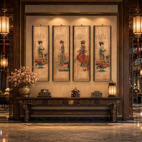 CIFIBIFUN 4 Panels Large Women Beauty Chinese Wall Art Scroll Painting