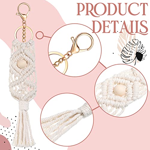 Junkin Macrame Boho Keychains Bulk Handcrafted Aesthetic Key Chain with Tassel for Women Car Key Purse Wallet Beige