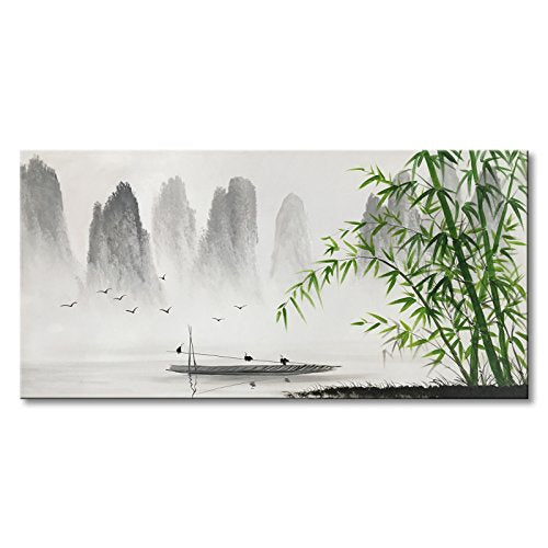Winpeak Art Traditional Chinese Painting Black and White Landscape Canvas Wall Art Bamboo Artwork - size: 48"L x 24"W