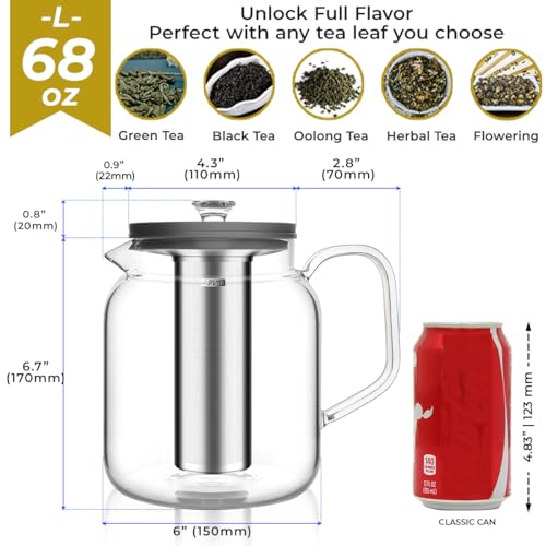 Aquach 68oz Glass Teapot Stovetop Safe with Loose Leaf Tea Steeper - size: 68oz｜2000ml