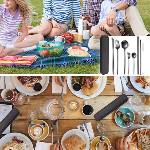 AARAINBOW 8 Pieces Stainless Steel Flatware Set Portable Reusable Cutlery Set Travel Utensils Set Including Chopsticks Knife Fork Spoon Straws Cleaning Brush Dishwasher Safe (Black) - color: Black