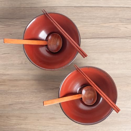 40oz Japanese Ceramic Ramen Bowl Set of 2 with Chopsticks and Spoons for Pho Udon Asian Soup Noodles (Red) - color: Red