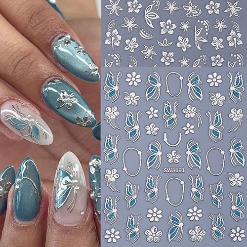 Flower Nail Stickers for Nail Art 12PCS Hibiscus Flowers Nail Decals 3D Self-Adhesive Tropical Nail Art Designs Pink Gold Petals Butterfly Sliders Summer Manicure Decoration DIY Supplies for Women - style: Hibiscus Flowers