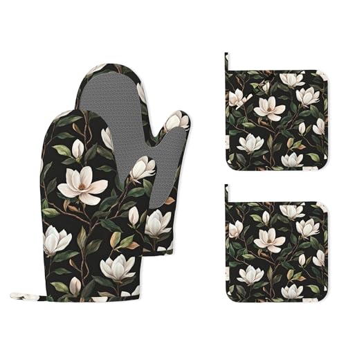 White Magnolia Oven Mitts and Pot Holders (4PCS),Heat Resistant Non-Slip Silicone Kitchen Gloves for Cooking, Baking, BBQ Waterproof Kitchen Accessories - color: White Magnolia