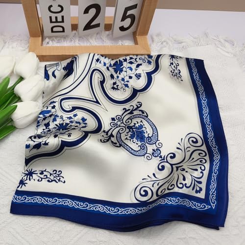 100% Mulberry Silk Neck Scarf for Women Square Neckerchief – 21 inch - color: Cn Blue