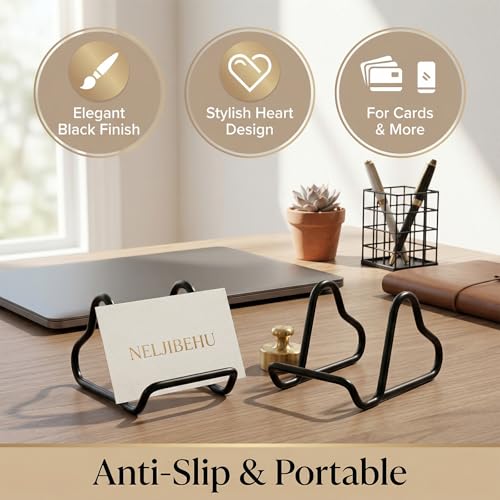 2 Pcs Cute Black Metal Heart Business Card Holder for Desk - color: black