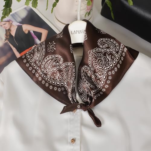 Women 100% Mulberry Silk Neck Scarf 21" Square Floral Neckerchief - color: Coffee
