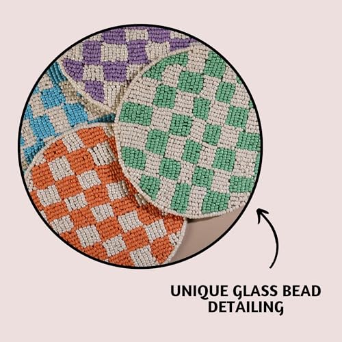 Folkulture Coaster for Drinks | (4") Pack of 4 Multicolor Boho Coasters | Cute Round Boho Coaster | Beaded Drink Coasters for Coffee Table Decor | Round, Beaded, Hand Wash Only - color: Dancing Check