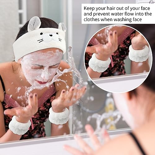 AHONEY Face Wash Headband and Wristband Set, Cute Makeup Spa Skincare Headbands Wrist Bands for Washing Face Headband for Women Girls Elastic Animal Hair Band (White&Grey) - color: Grey&White