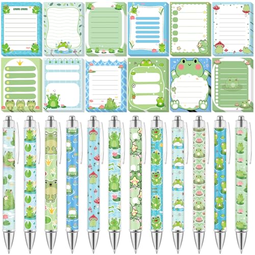 Dispowreath 24 Pcs Frog Sticky Notes with Pens Christmas Themed Gifts Notepad Cute Memo Notes Pads Self Adhesive Black Ink Ballpoint Pen for Frog Lover Gifts Office School Students Teacher Supplies - style: Frog