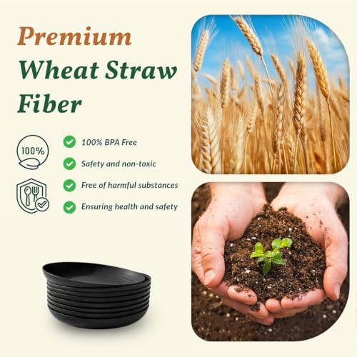 Homienly Wheat Straw Plates Unbreakable Deep Dessert Plates Set of 8 Plastic Plates Reusable Microwave Safe Plate for Kitchen Camping Party Dishwasher Safe Stackable Appetizer Plates (8in, Black) - color: Black, size: 8 Inch