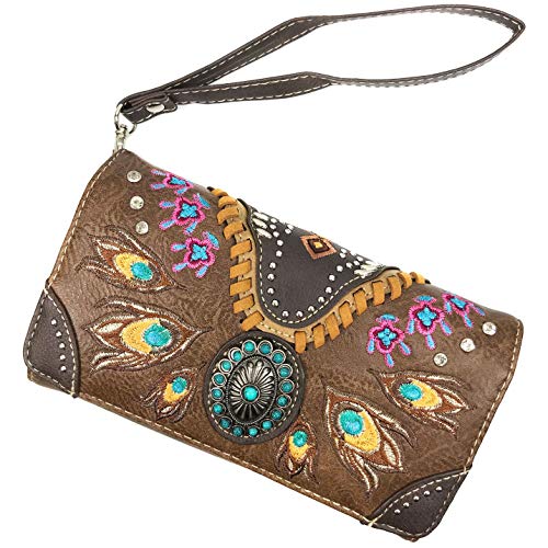 Zelris Turquoise Concho Peacock Feather Women Crossbody Wrist Trifold Wallet - color: Brown