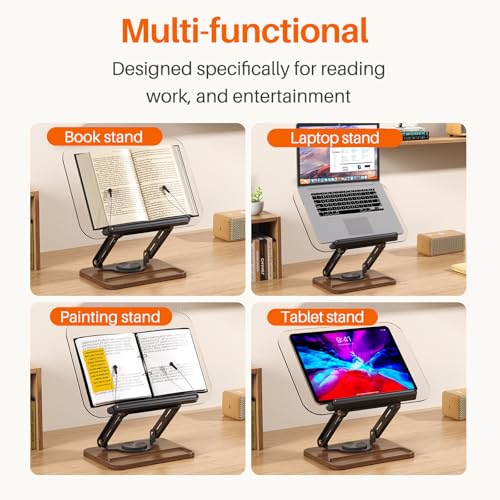 BYMECOST Acrylic Book Stand for Reading, 360°Rotating Book Holder, Black - color: Dark Walnut, size: 13.4"