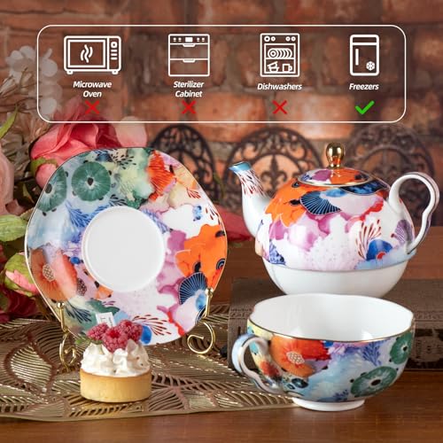 KAMMAK Tea for One Set, Ceramic Teapot, Bone China Tea Set, Cup and Saucer - color: Colorful-XY2
