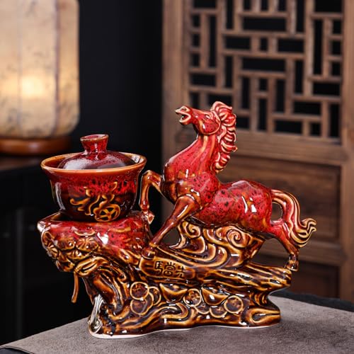 Ceramic Red Horse Teapot with Infuser - Chinese Gongfu Tea Set, 8 Cups, Semi Automatic Design for Loose Leaf Tea - color: Red Horse - B