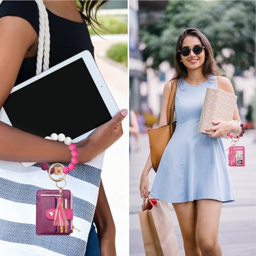 COOLANS Silicone Bracelet Wristlet Wallet Credit Card Holder RFID ID Window Key Ring Tassel Slim Wallet Women Keychain Purse - color: Pink Purple