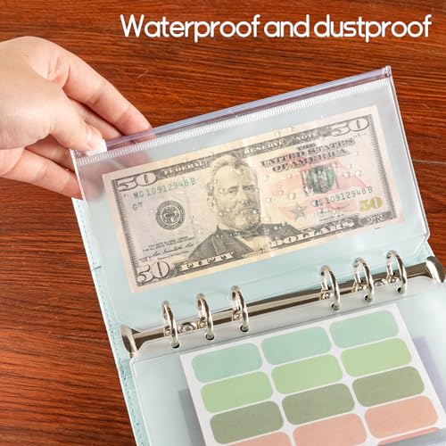 16 Pcs A6 Zippered Binder Envelope Pouches for 6-Ring Budget Cash System, Clear Inserts for Money Saving and Budgeting, With 42 Sticky Labels - size: A6