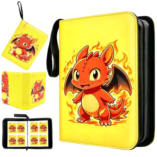 400 Cards Capacity Trading Card Binder, Card Holder with 50 Removable Sleeves, Double Sided 8-Pocket Pages Zipper Album with Wrist Strap for TCG, Sports & Game Cards, Gift for Boys and Girls - color: Red Yellow