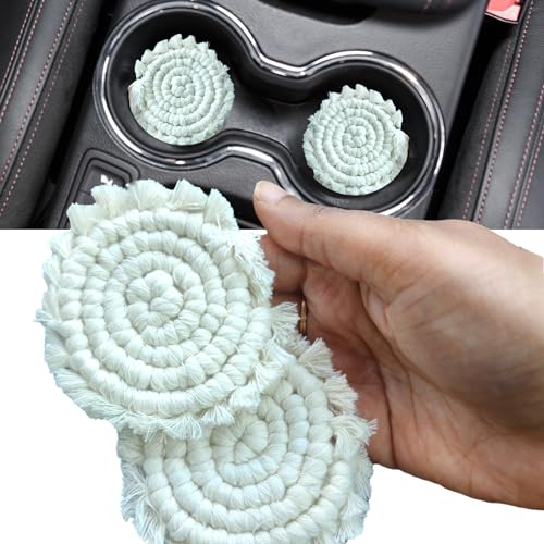 Cotton Car Coasters for Cup Holders, 2PC Car Cup Coasters, Drink Coaster Holder, Cute cupholder Coaster Accessories for Women, Macrame, Boho (Vanilla White) - color: Vanilla White
