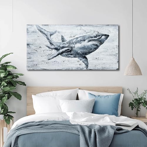 Modern Art Wall Decor Shark Wall Art Nature Seascape Poster Prints Framed Coatal Artwork for Living Room Bedroom Office Decoration 24"x 48" - color: Shark, size: 48"L x 24"W
