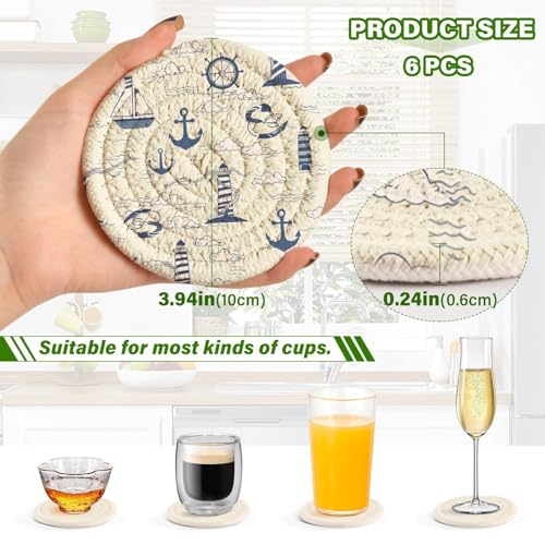 Nautical Lighthouses Drink Coasters Set - 6 Pcs Minimalist Woven Coasters with Holder for Home Decor, 3.94 Inch Absorbent Coasters for Drinks - color: I278