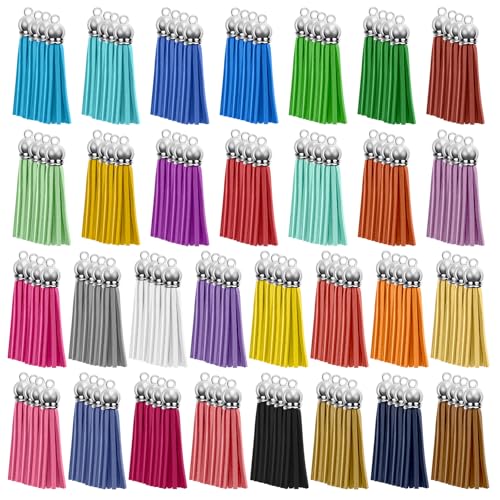 120 Pack Leather Keychain Tassels Charms Silver White Cap Multicolor Tassels for Jewelry Keychain Making Bracelets Craft Supplies (Multicolor, 55mm) - size: 55mm